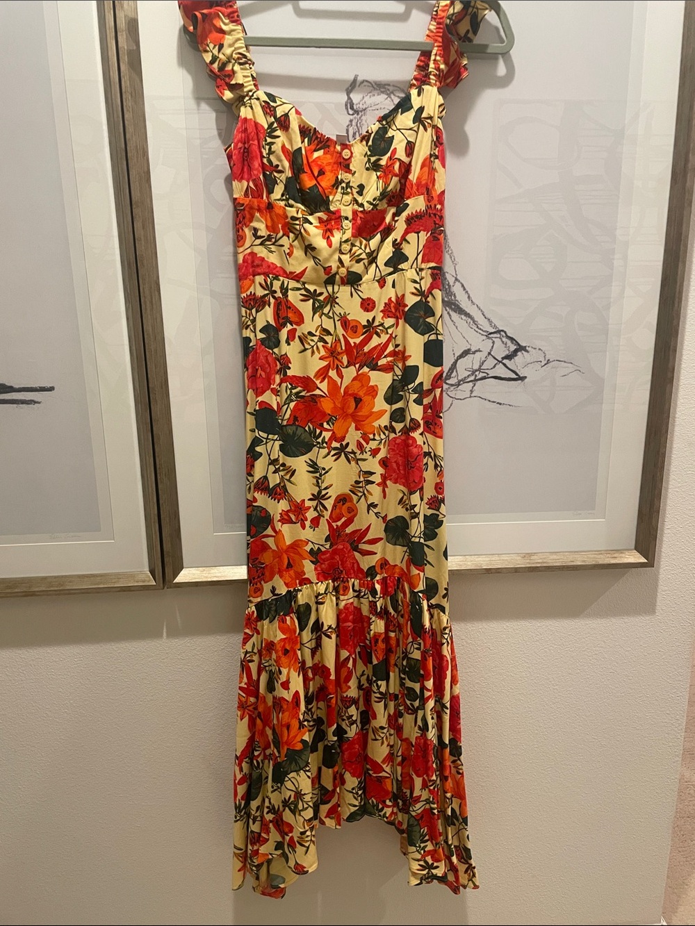 Chelsea28 Yellow Floral High-Low Midi Dress with Orange & Red Blooms